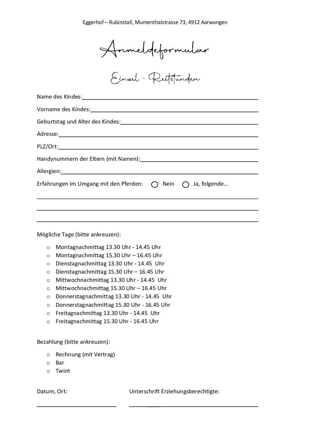 Vertrag Reittunterricht in Gruppen