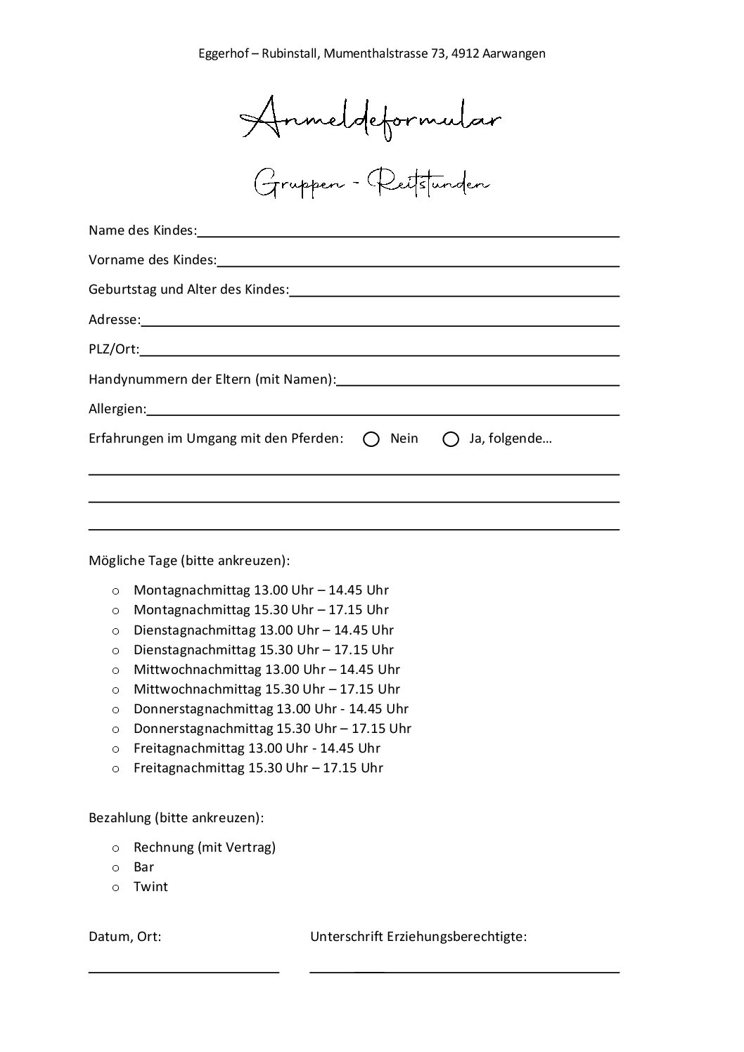 Vertrag Reittunterricht in Gruppen